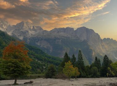 mountain range, trees, autumn