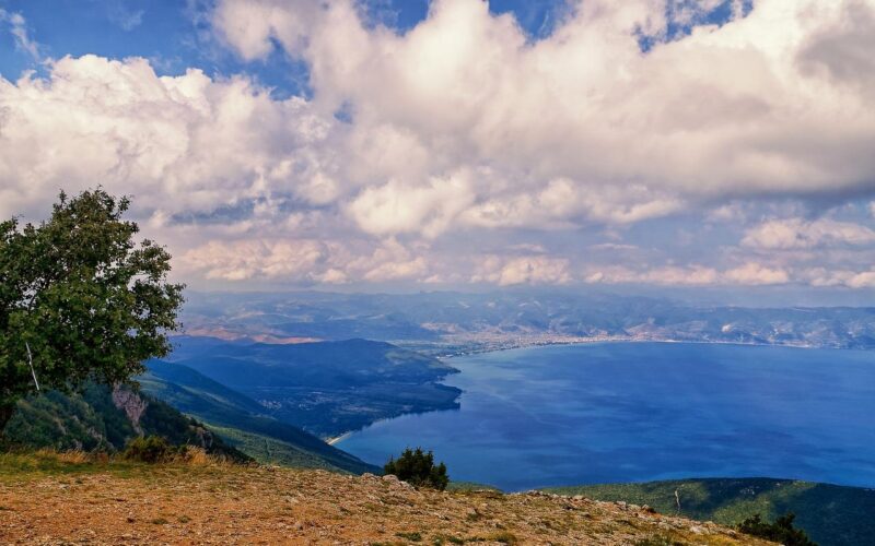 mountains, lake, trees