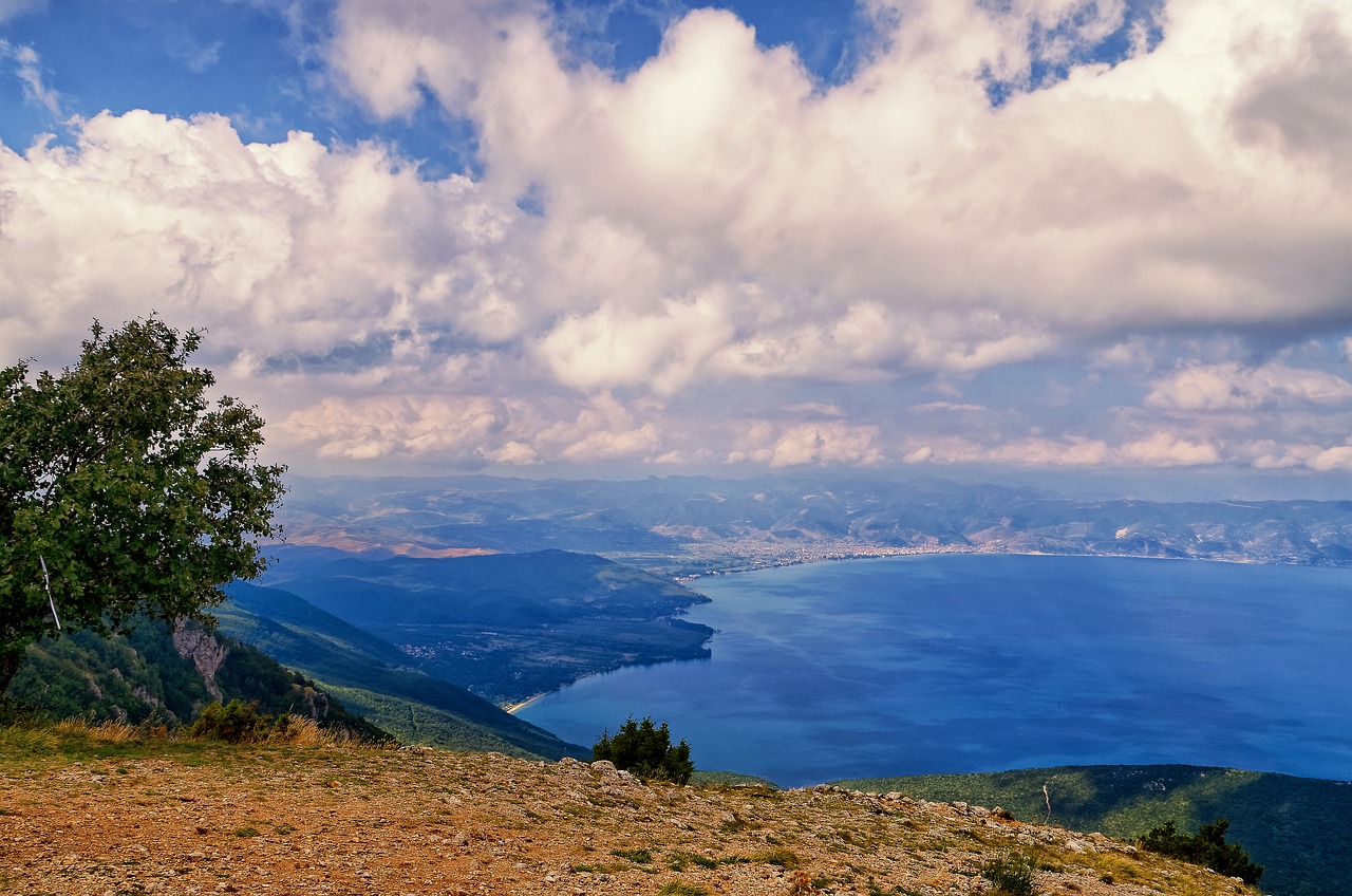 mountains, lake, trees