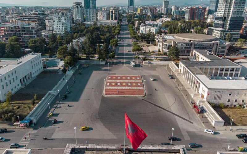 Drone Shot of Skanderbeg Square in Tirana, Albania