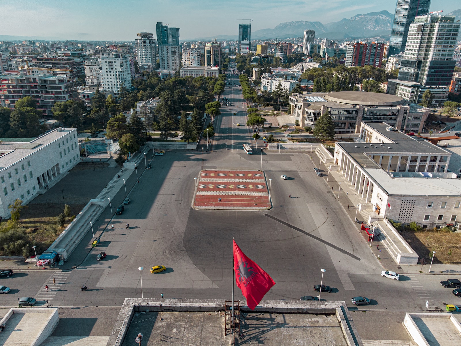 Drone Shot of Skanderbeg Square in Tirana, Albania